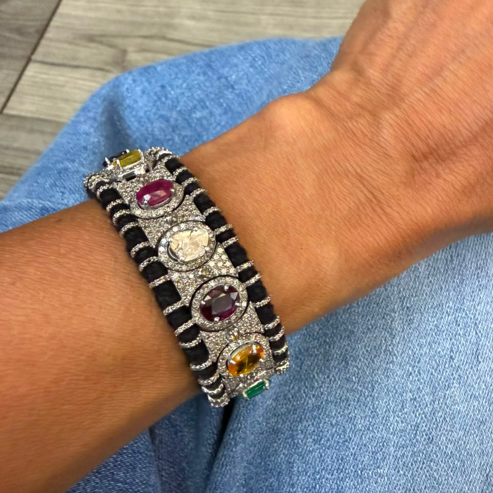 Black Macrame Bracelet with Multi Gems