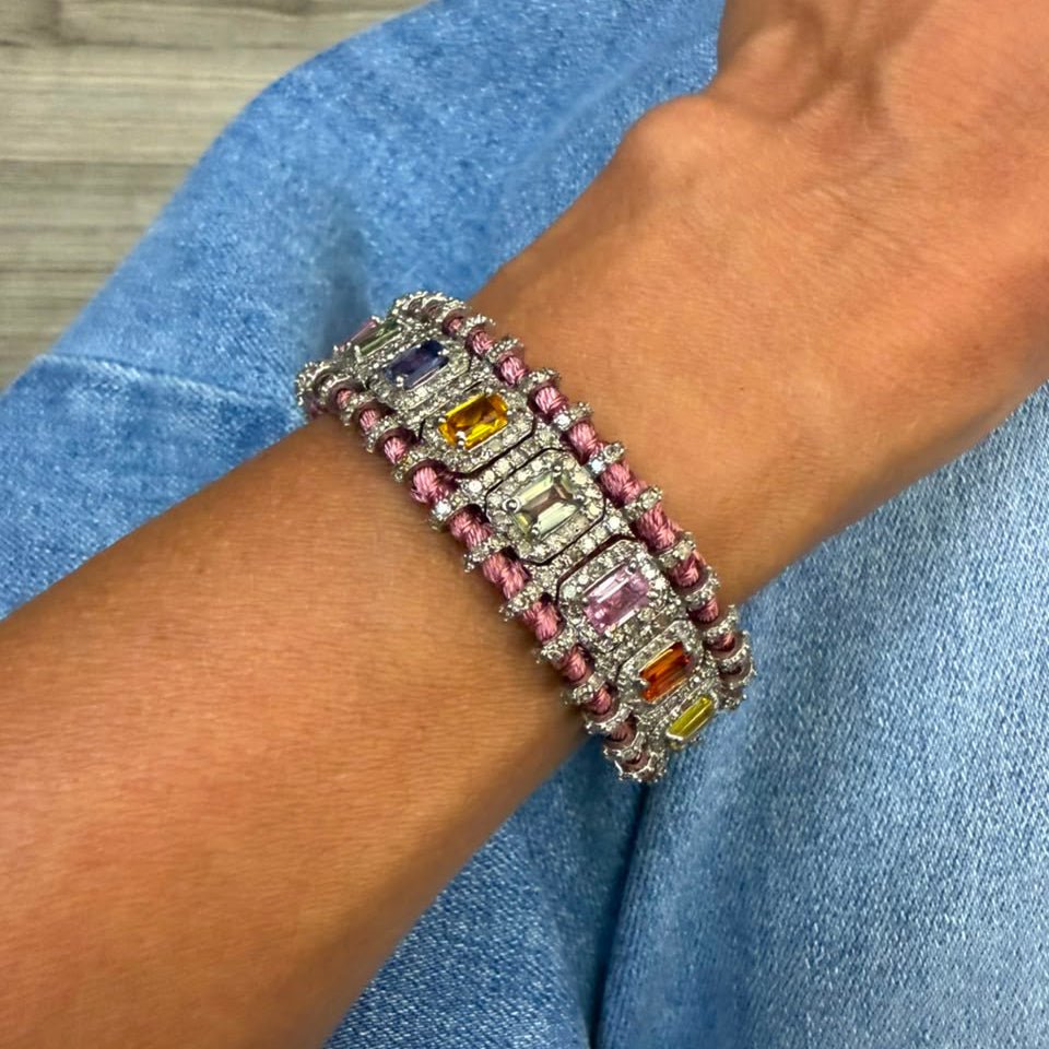 Pink Macrame Bracelet with Multi Sapphires - LAURA CANTU JEWELRY