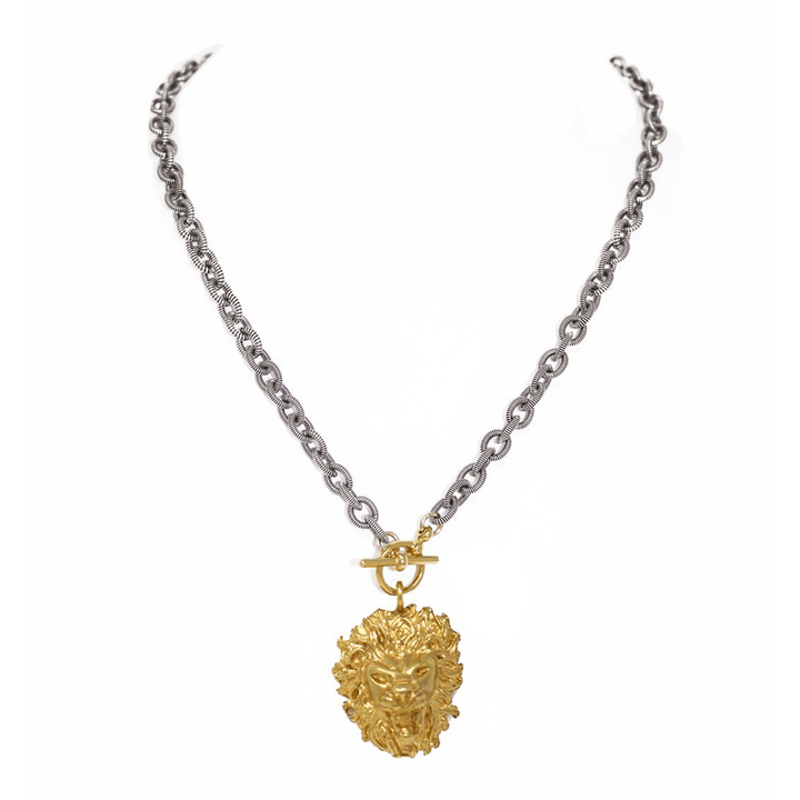 Gold Lion necklace with striped chain - LAURA CANTU JEWELRY
